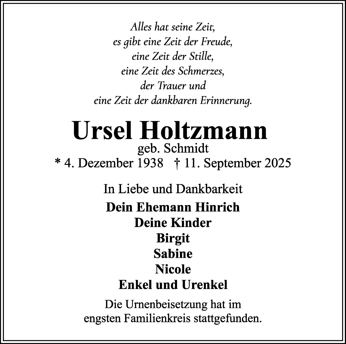  Traueranzeige für Ursel Holtzmann vom 04.10.2025 aus WESER-KURIER