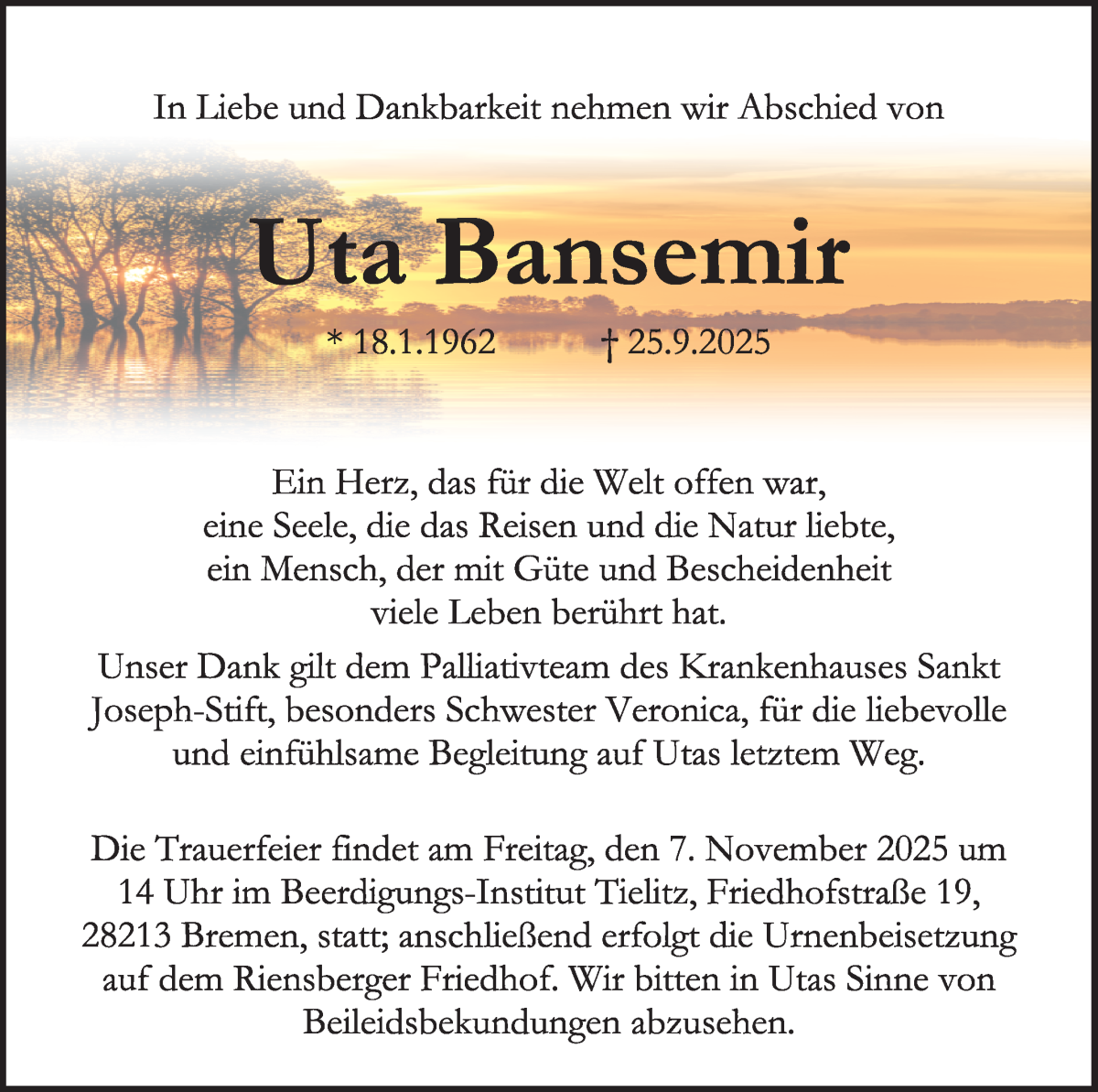 Traueranzeige von Uta Bansemir von WESER-KURIER
