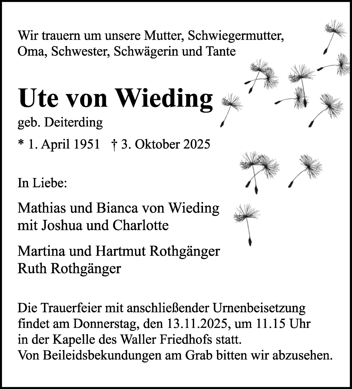Traueranzeige von Ute von Wieding von WESER-KURIER