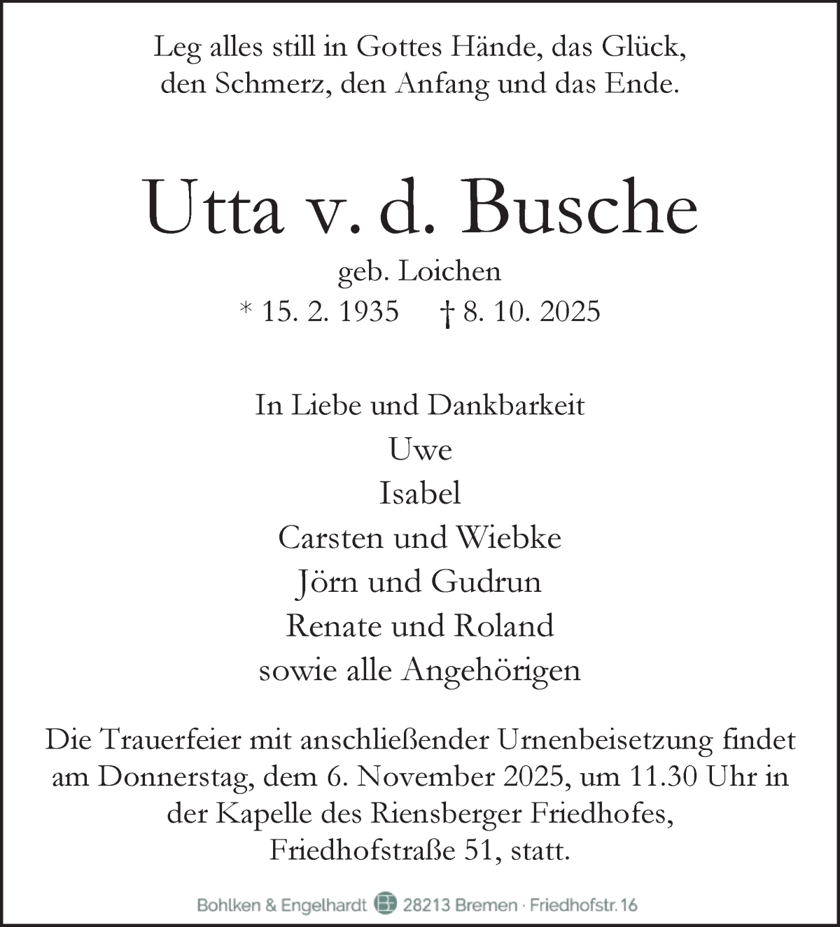 Traueranzeige von Utta v. d. Busche von WESER-KURIER