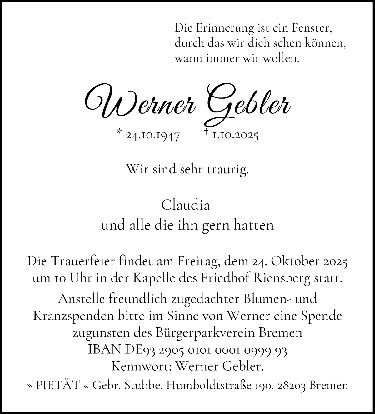 Traueranzeige von Werner Gebler von WESER-KURIER
