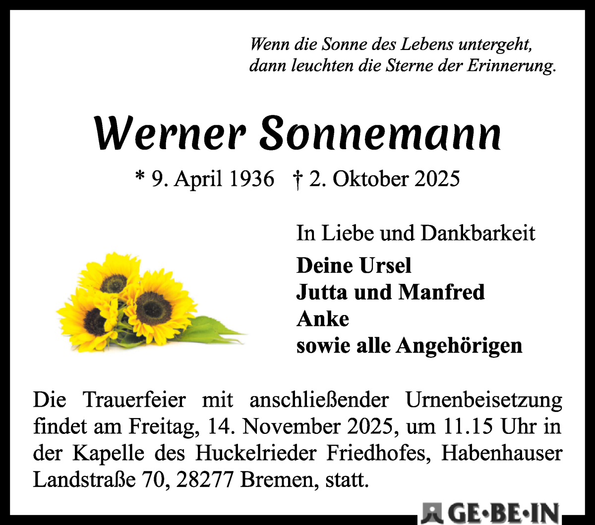 Traueranzeige von Werner Sonnemann von WESER-KURIER