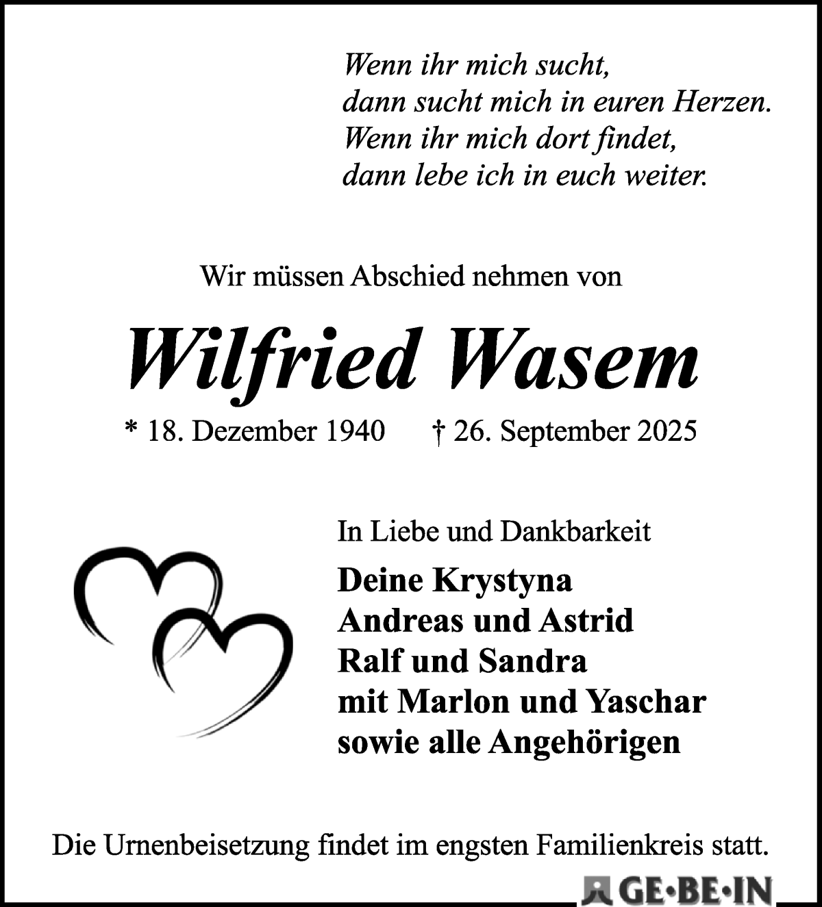 Traueranzeige von Wilfried Wasem von WESER-KURIER