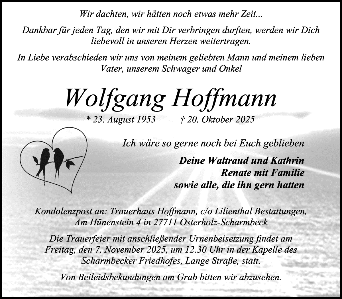 Traueranzeige von Wolfgang Hoffmann von Osterholzer Kreisblatt