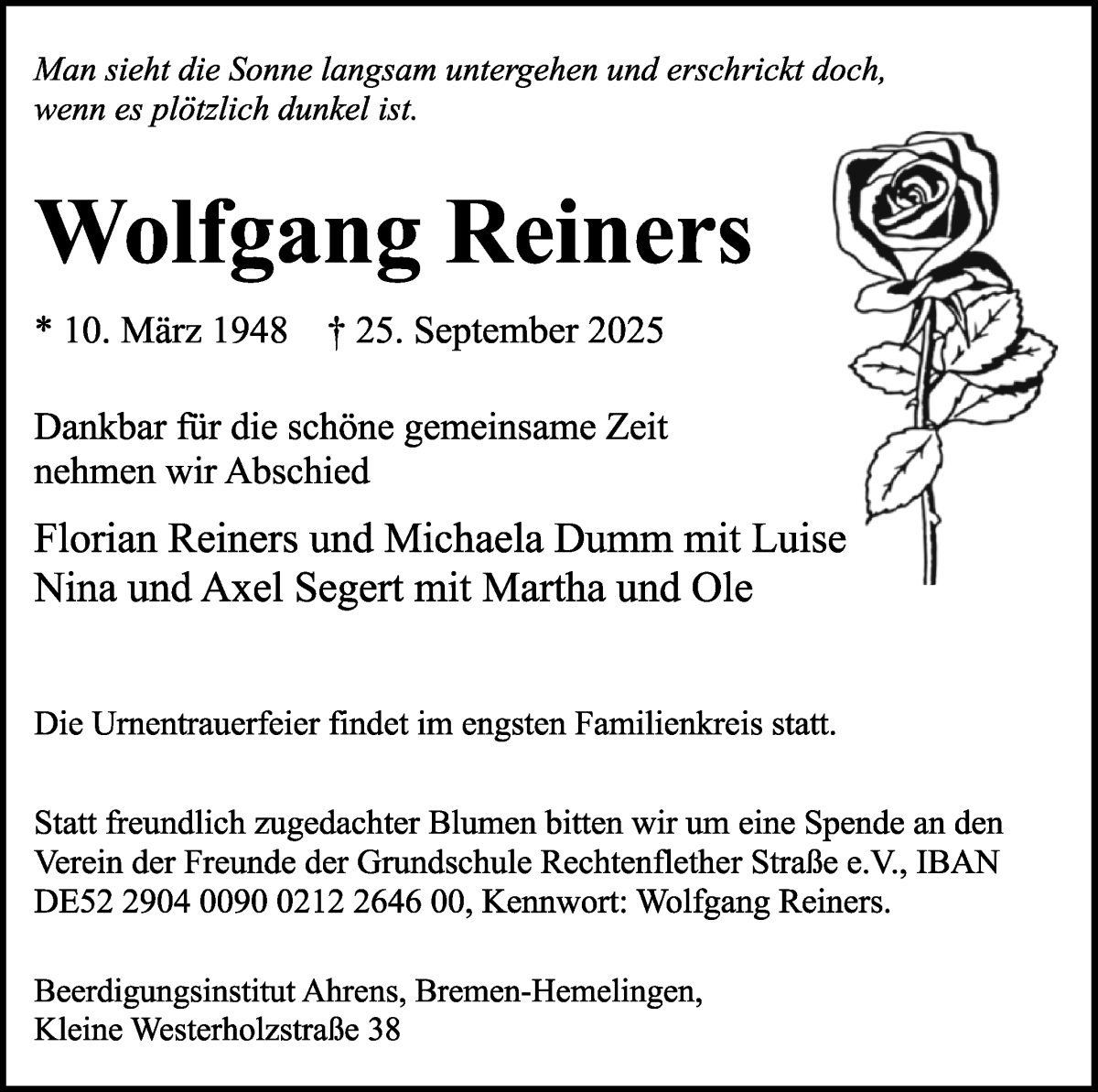 Traueranzeige von Wolfgang Reiners von WESER-KURIER
