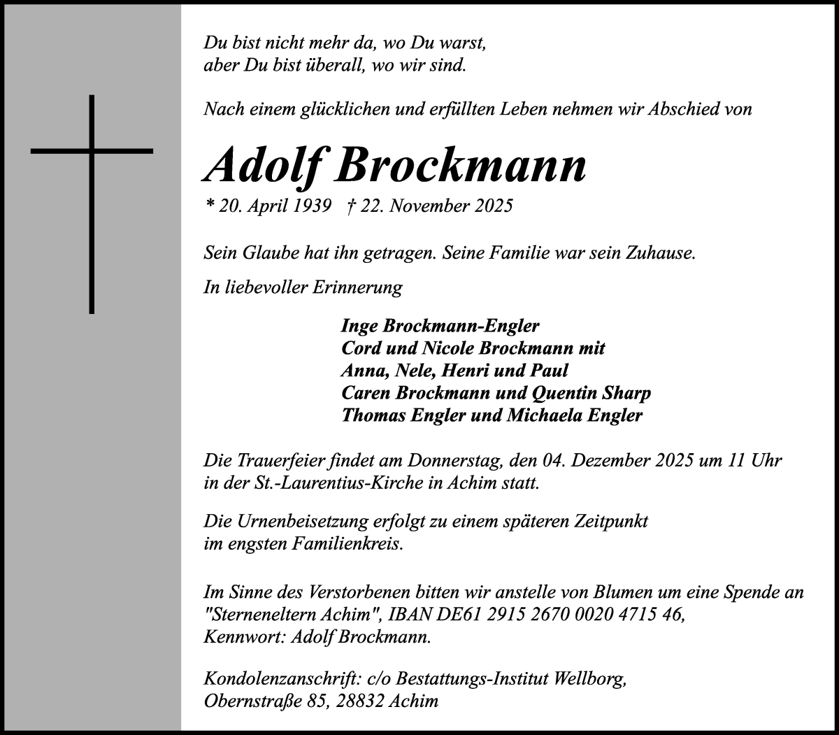 Traueranzeige von Adolf Brockmann von WESER-KURIER