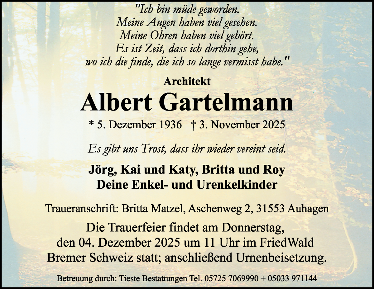 Traueranzeige von Albert Gartelmann von Die Norddeutsche