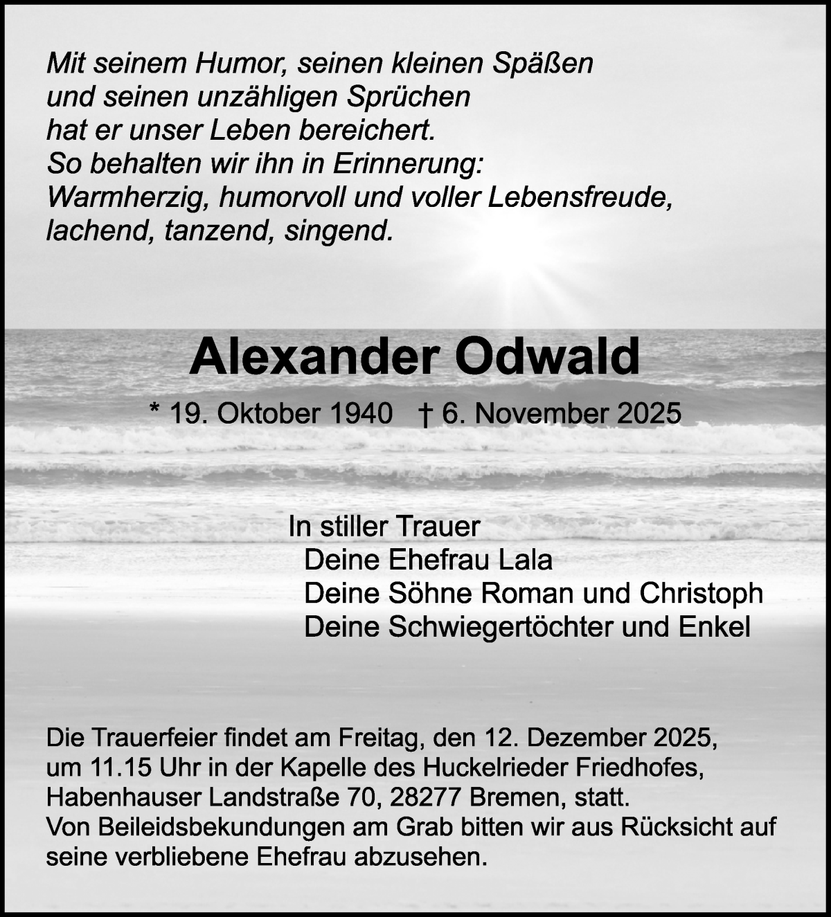 Traueranzeige von Alexander Odwald von WESER-KURIER