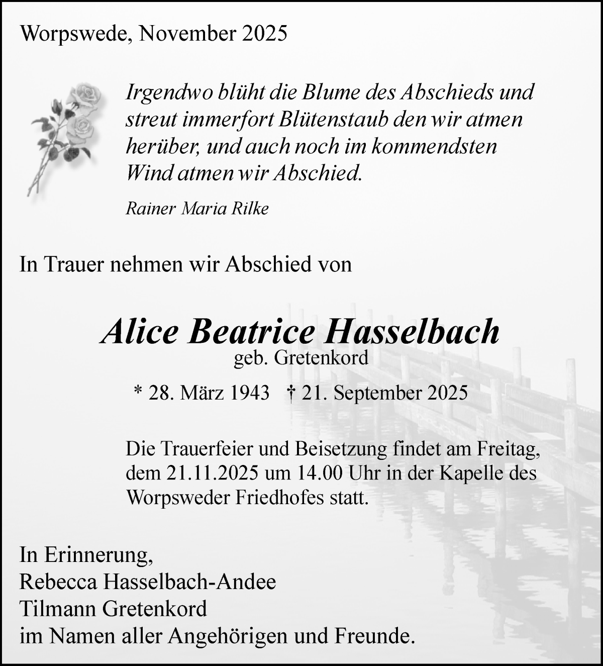  Traueranzeige für Alice Beatrice Hasselbach vom 08.11.2025 aus Wuemme Zeitung