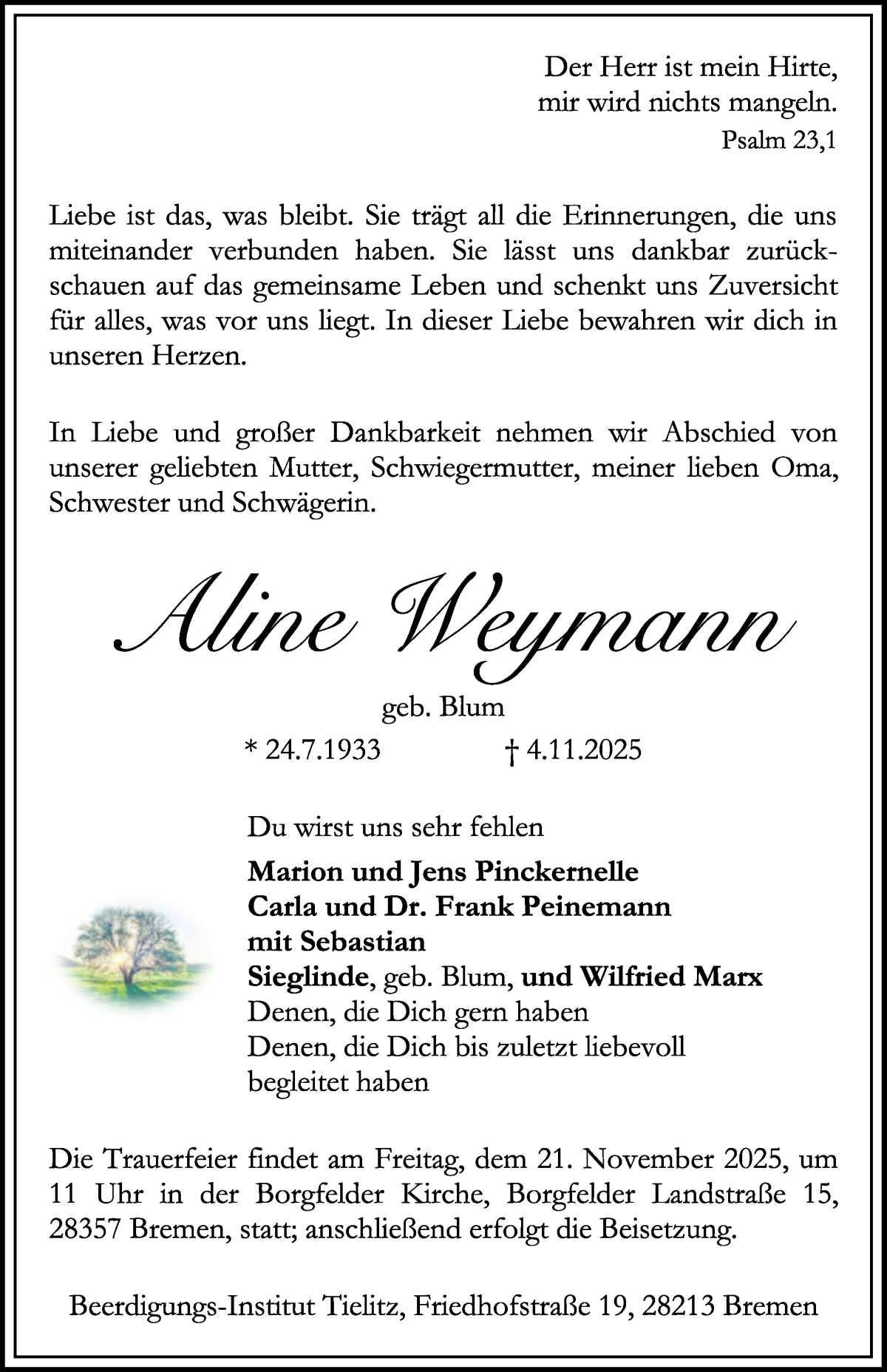 Traueranzeige von Aline Weymann von WESER-KURIER