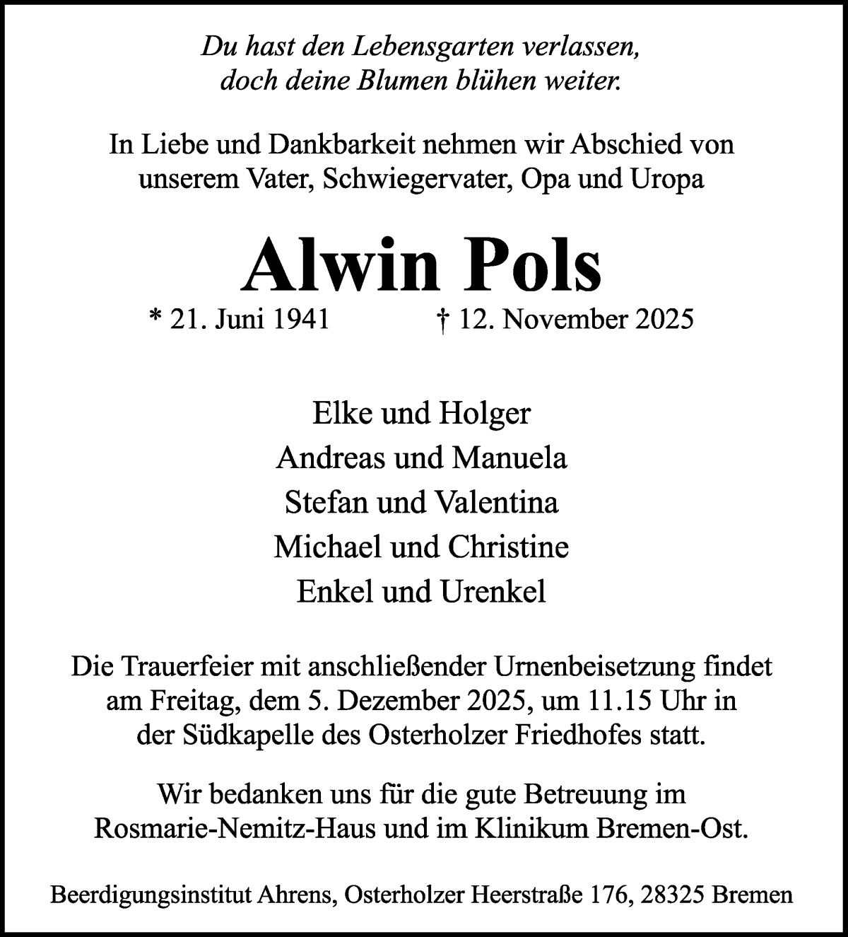 Traueranzeige von Alwin Pols von WESER-KURIER