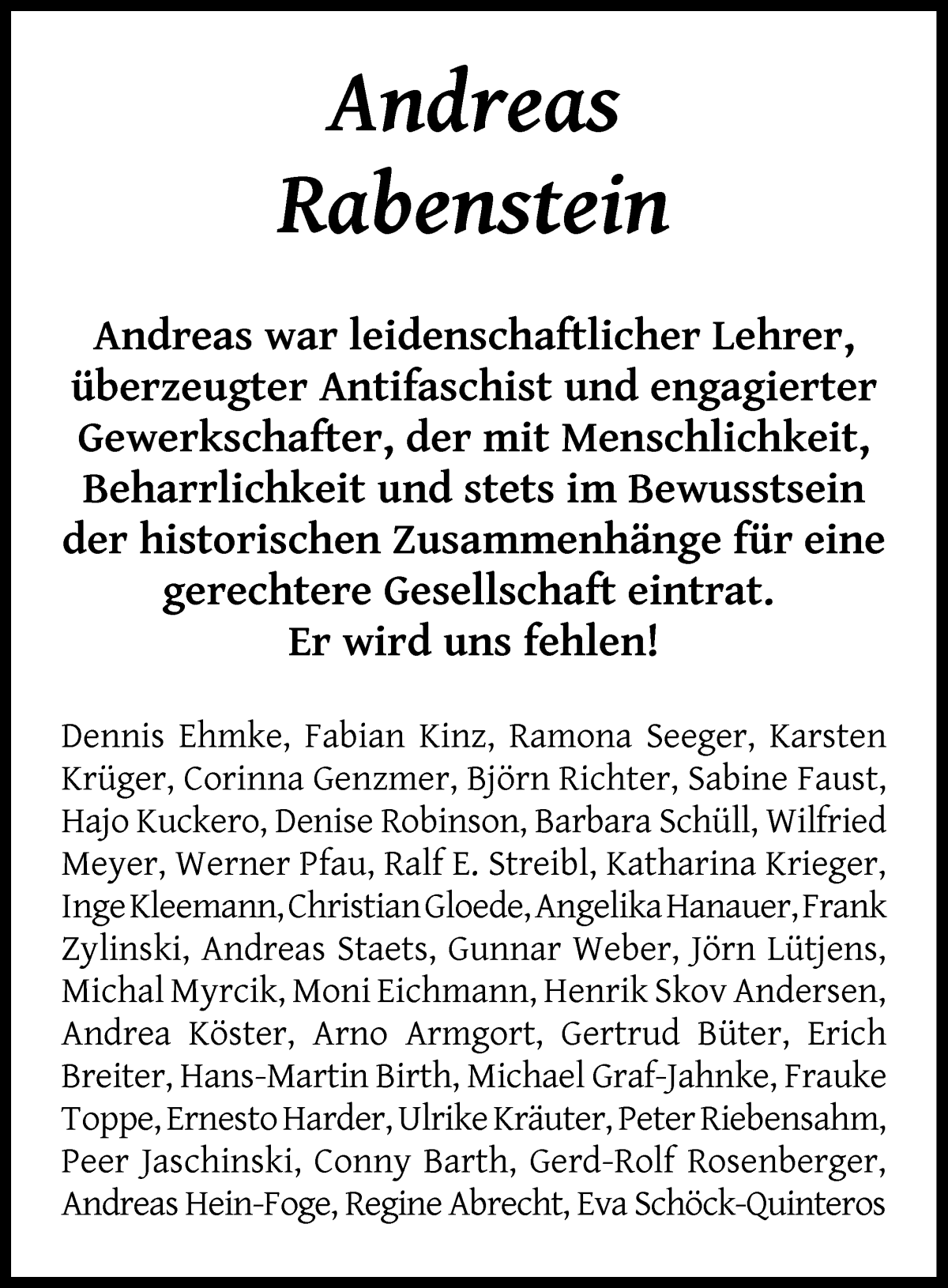Traueranzeige von Andreas Rabenstein von WESER-KURIER