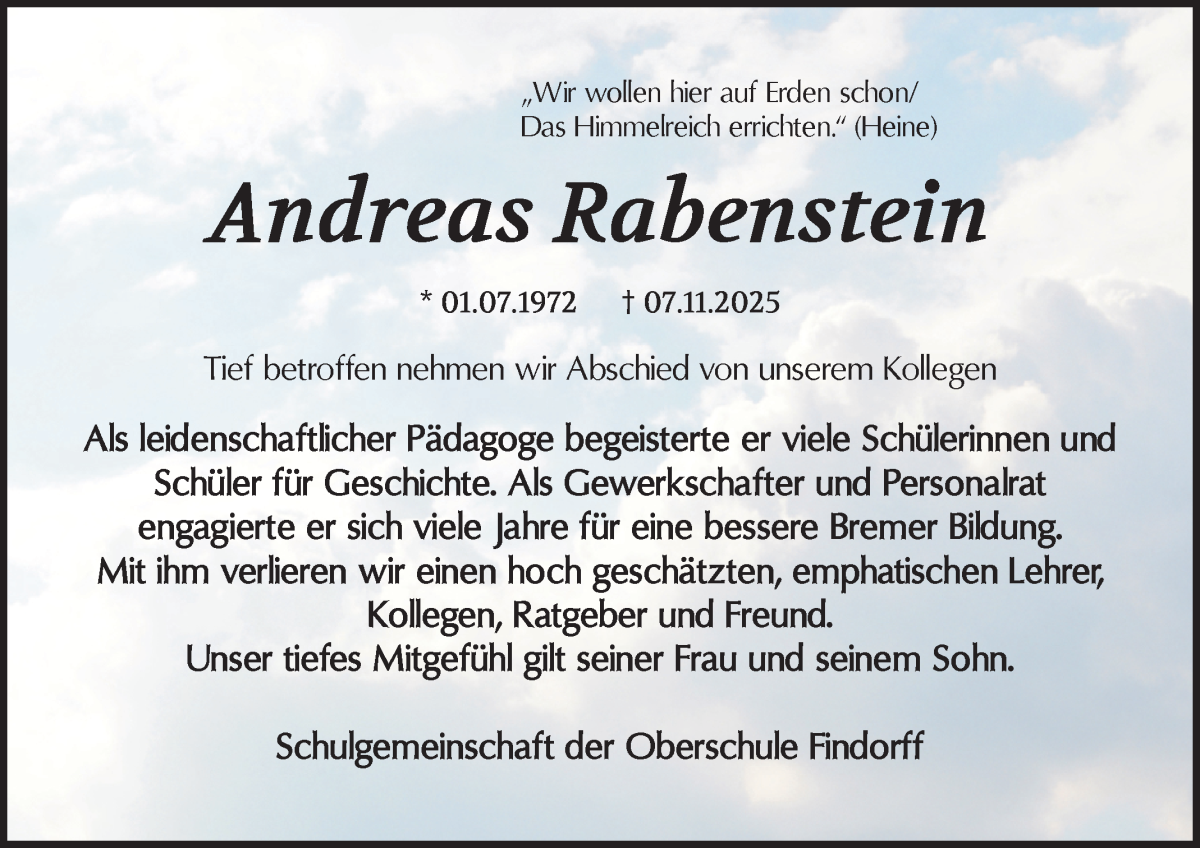 Traueranzeige von Andreas Rabenstein von WESER-KURIER