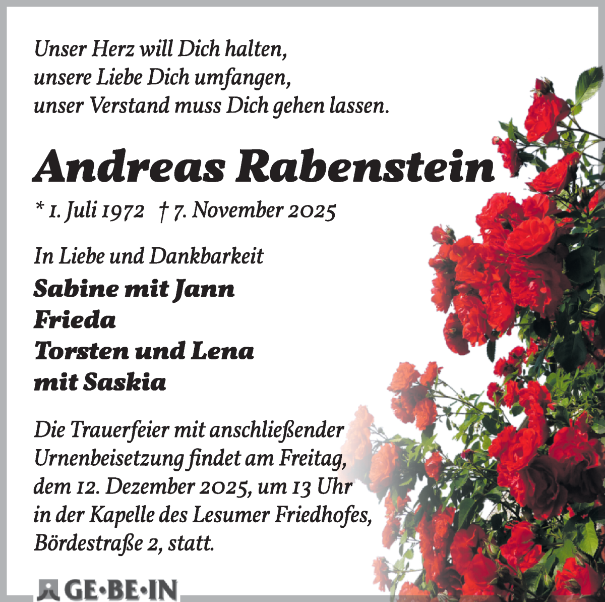 Traueranzeige von Andreas Rabenstein von WESER-KURIER