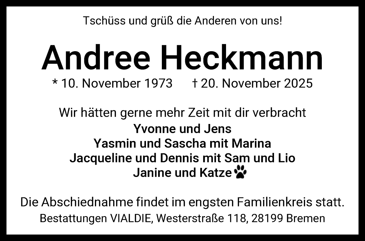 Traueranzeige von Andree Heckmann von WESER-KURIER