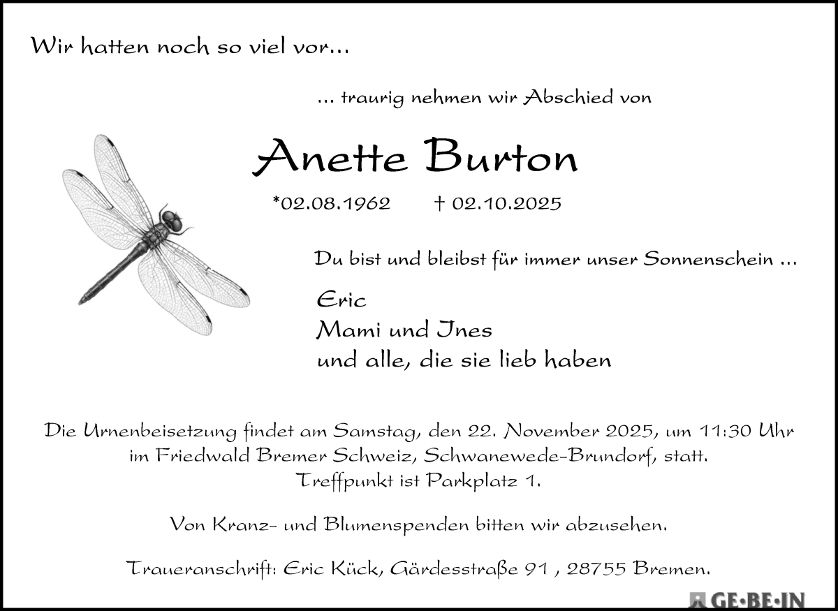 Traueranzeige von Anette Burton von WESER-KURIER