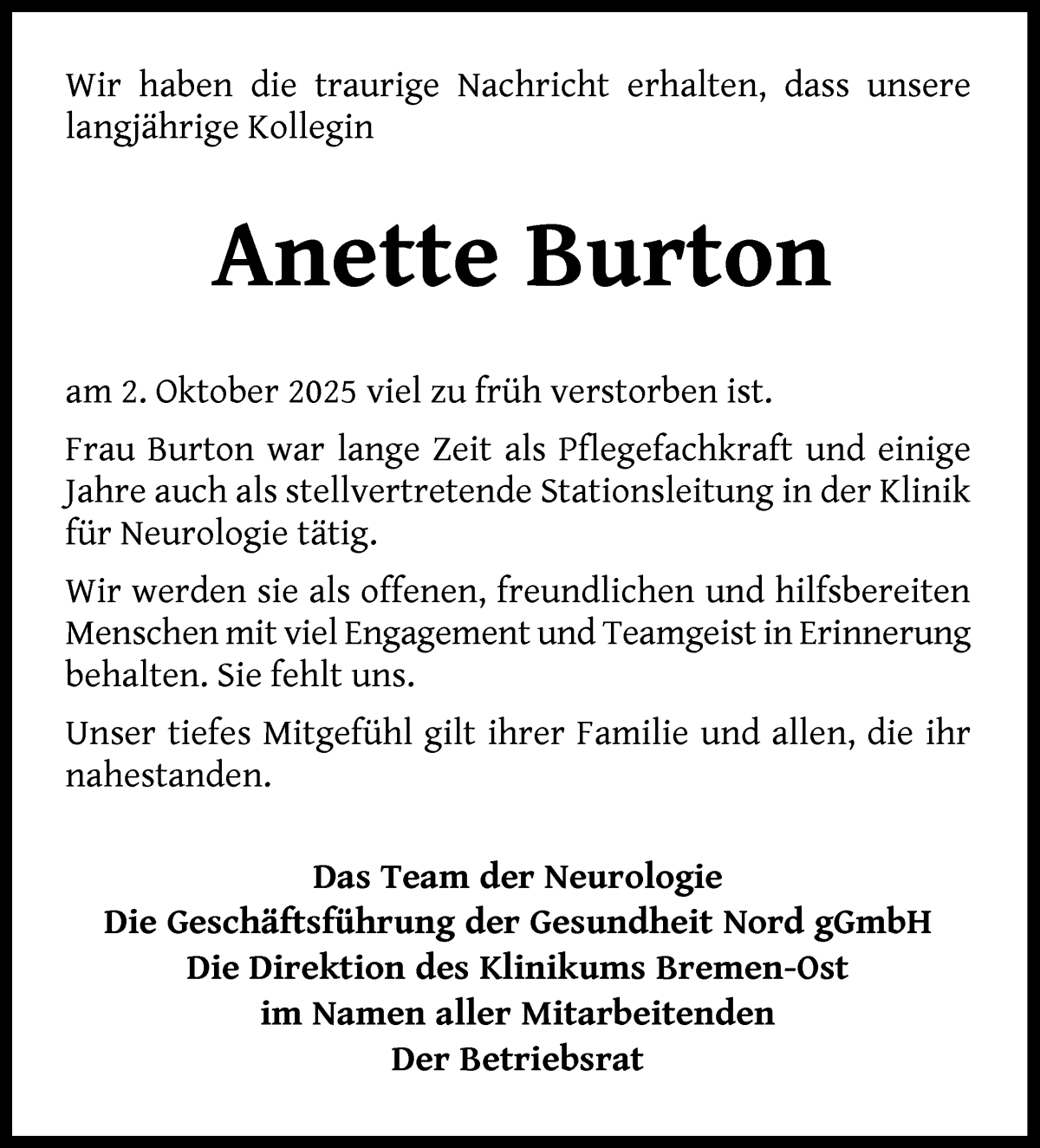 Traueranzeige von Anette Burton von WESER-KURIER