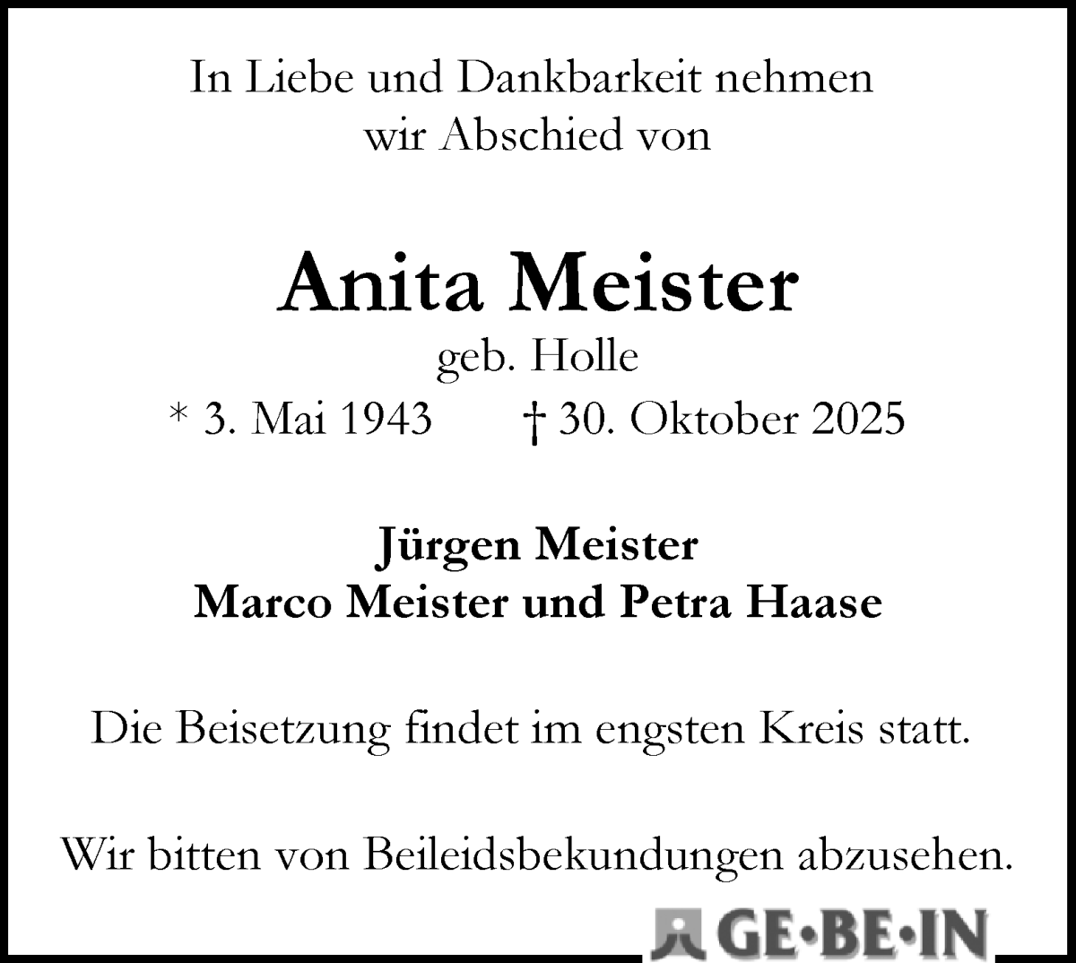  Traueranzeige für Anita Meister vom 08.11.2025 aus WESER-KURIER