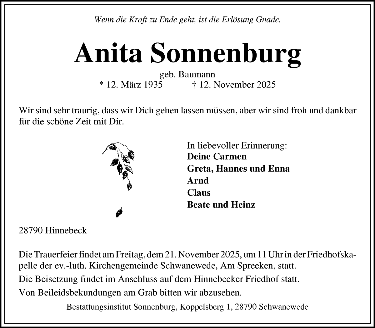 Traueranzeige von Anita Sonnenburg von Die Norddeutsche