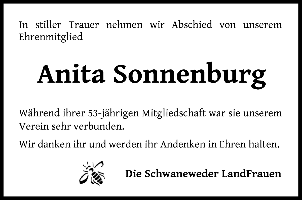 Traueranzeige von Anita Sonnenburg von Die Norddeutsche