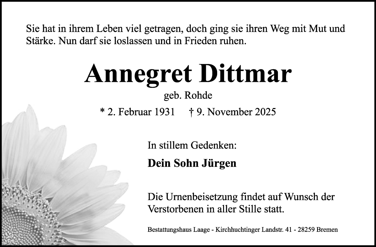 Traueranzeige von Annegret Dittmar von WESER-KURIER