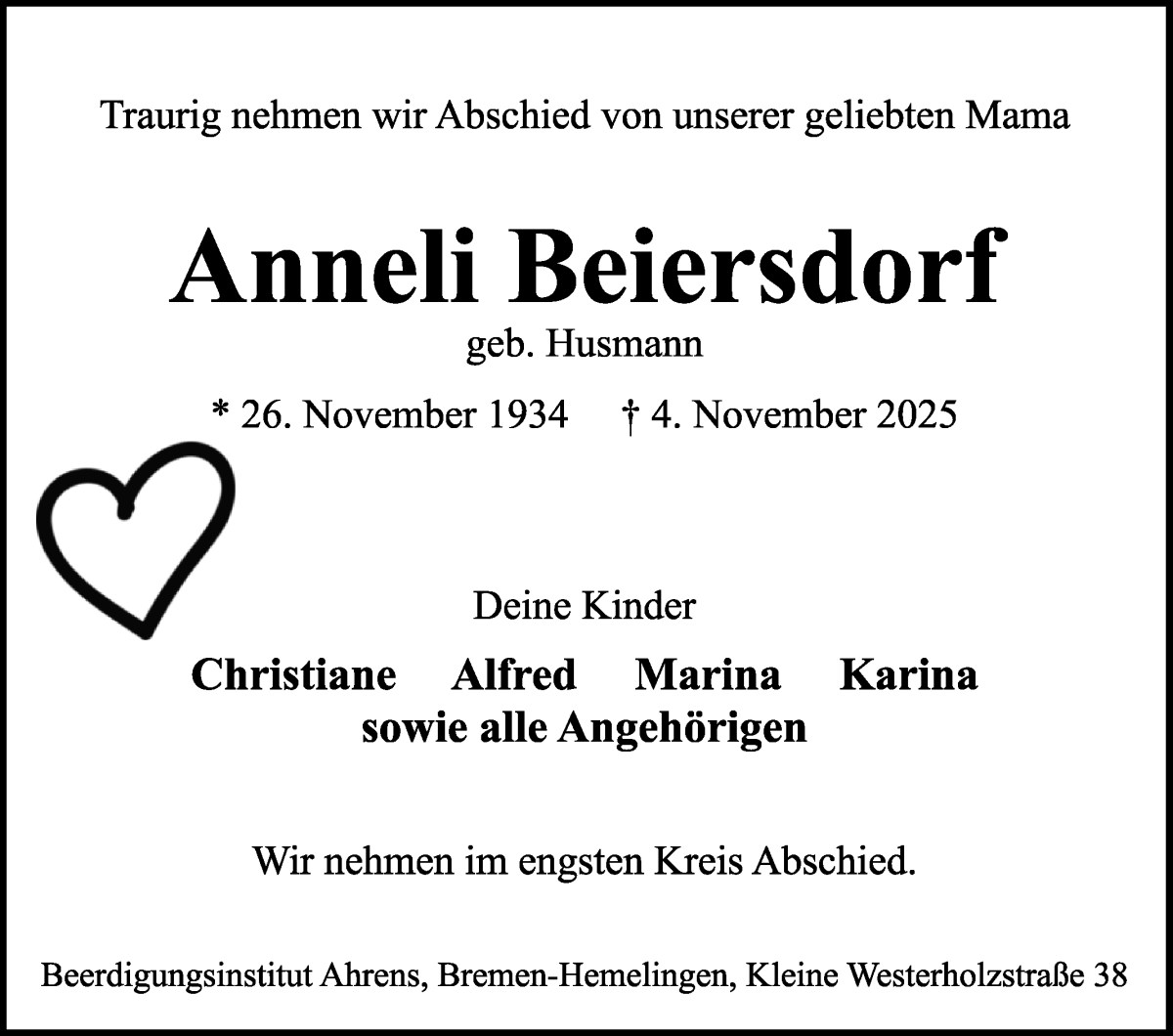 Traueranzeige von Anneli Beiersdorf von WESER-KURIER