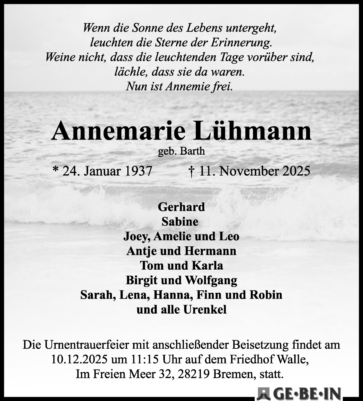 Traueranzeige von Annemarie Lühmann von WESER-KURIER