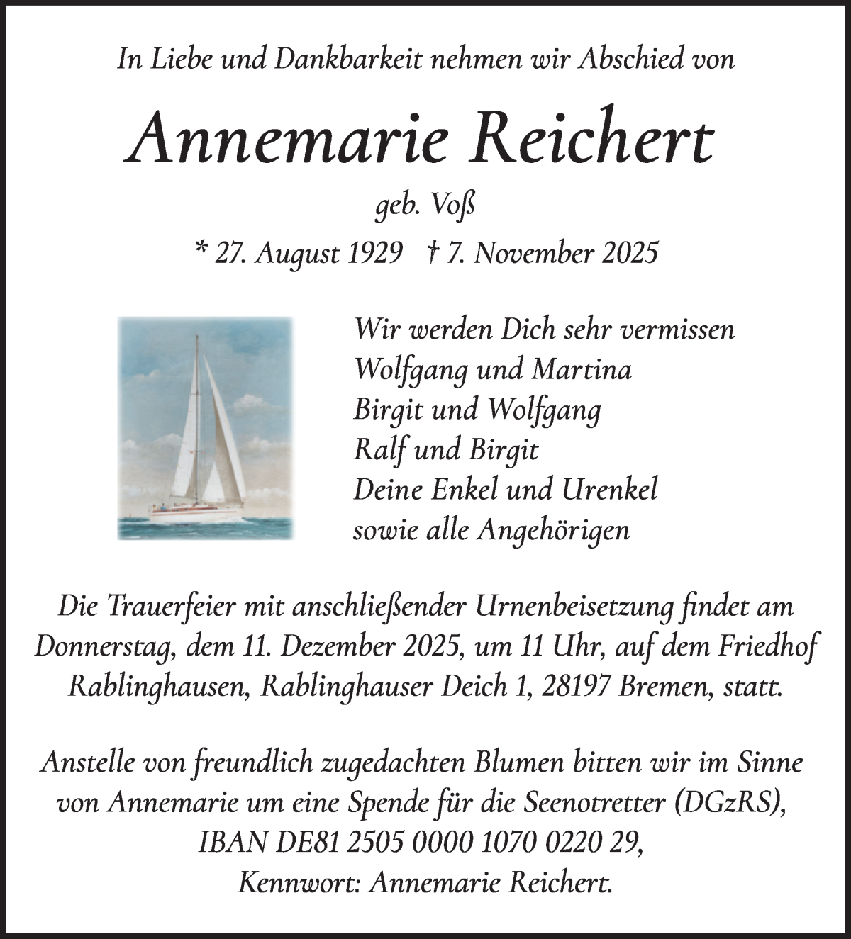 Traueranzeige von Annemarie Reichert von WESER-KURIER
