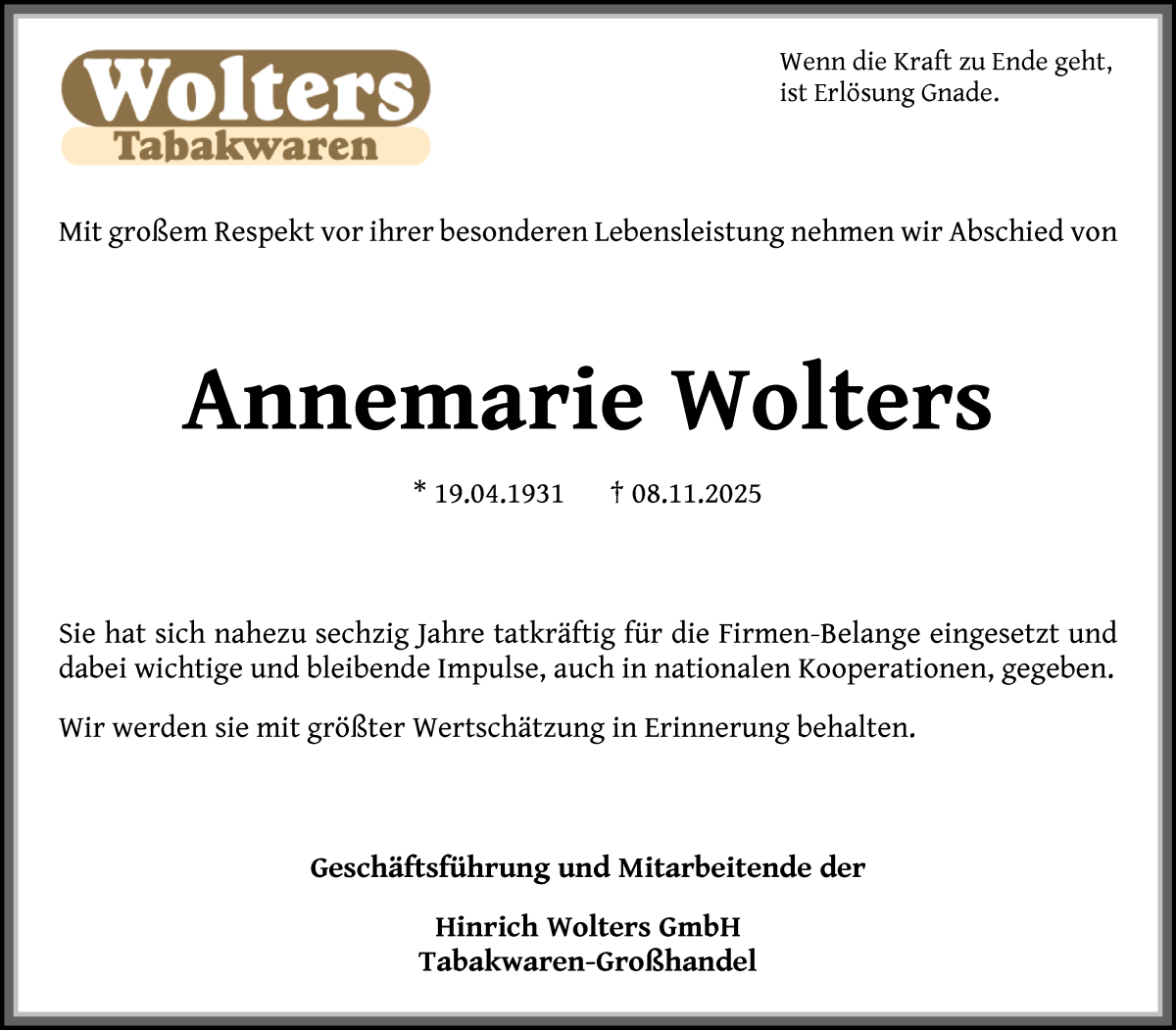 Traueranzeige von Annemarie Wolters von WESER-KURIER
