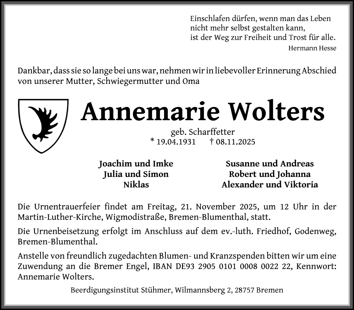 Traueranzeige von Annemarie Wolters von Die Norddeutsche