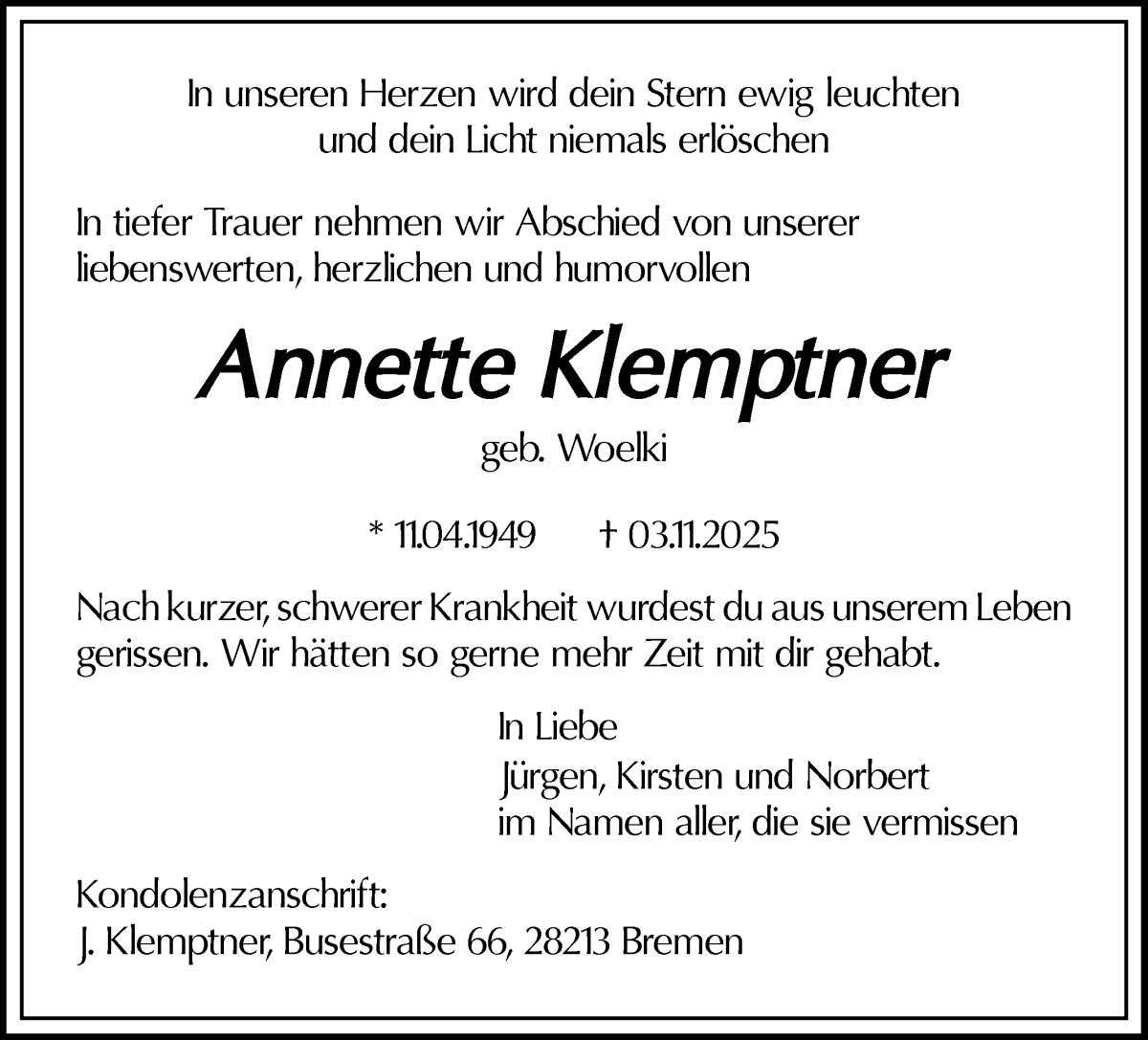 Traueranzeige von Annette Klemptner von WESER-KURIER