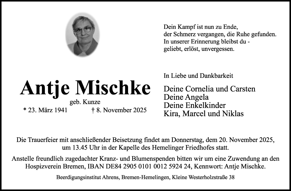 Traueranzeige von Antje Mischke von WESER-KURIER
