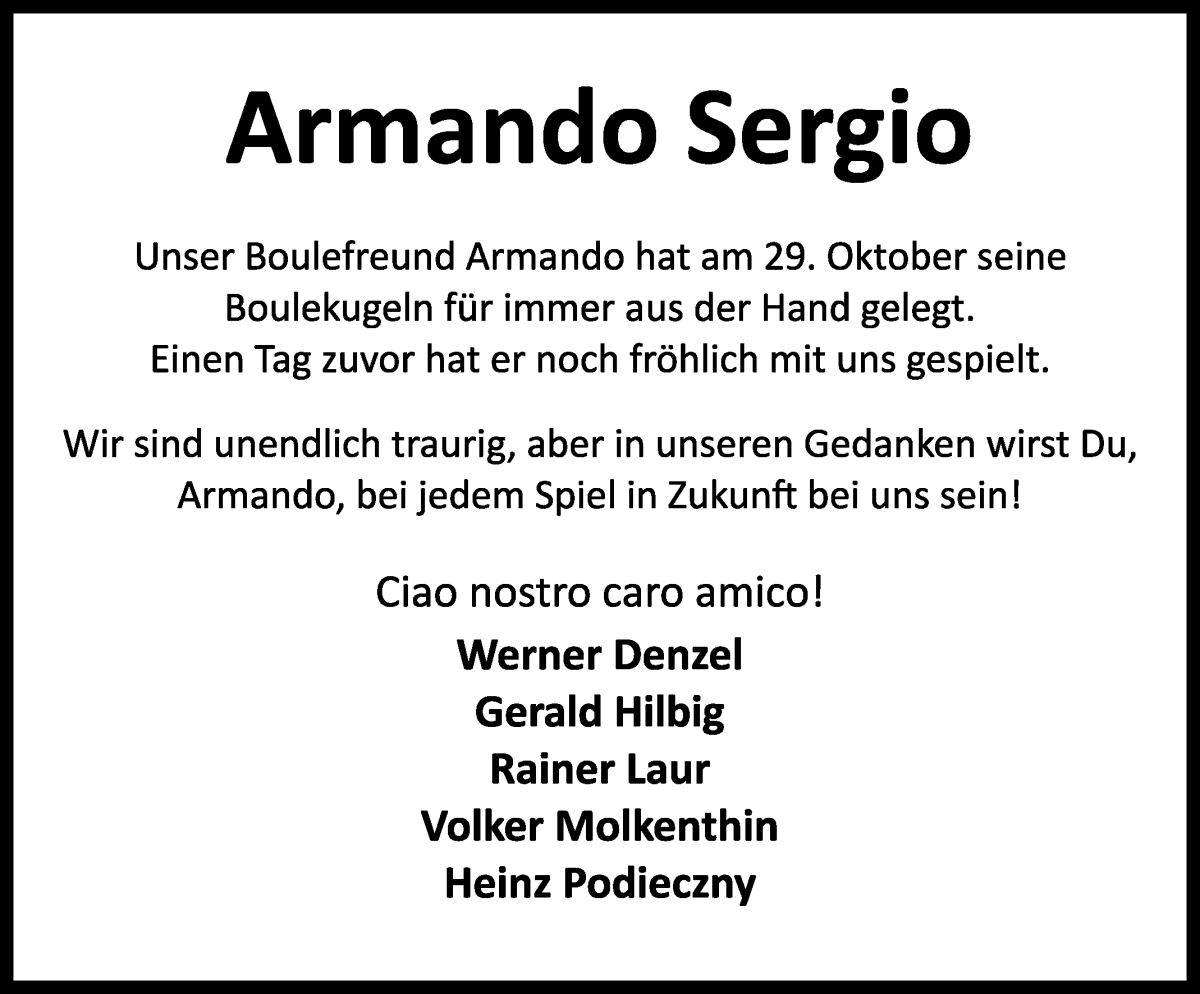  Traueranzeige für Armando Sergio vom 15.11.2025 aus Achimer Kurier/Verdener Nachrichten