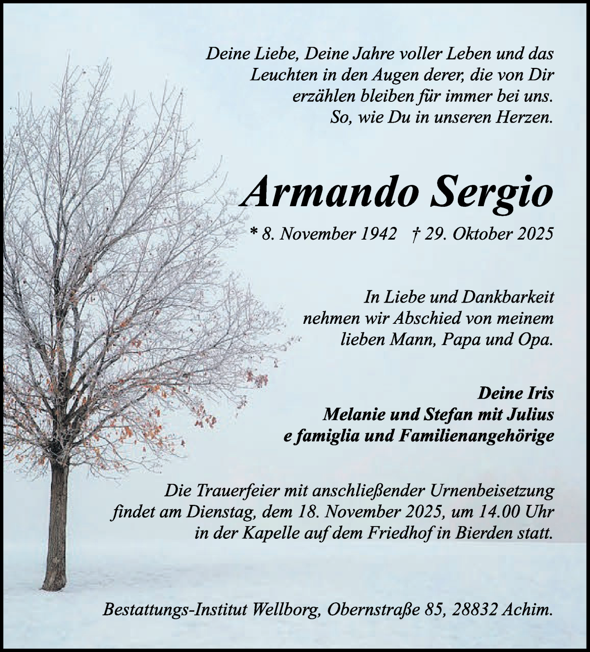  Traueranzeige für Armando Sergio vom 15.11.2025 aus WESER-KURIER