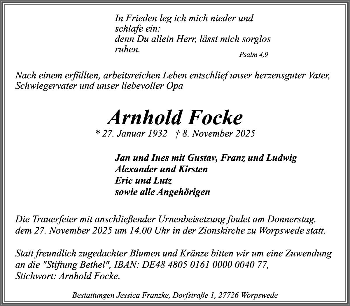 Traueranzeige von Arnhold Focke von Wuemme Zeitung
