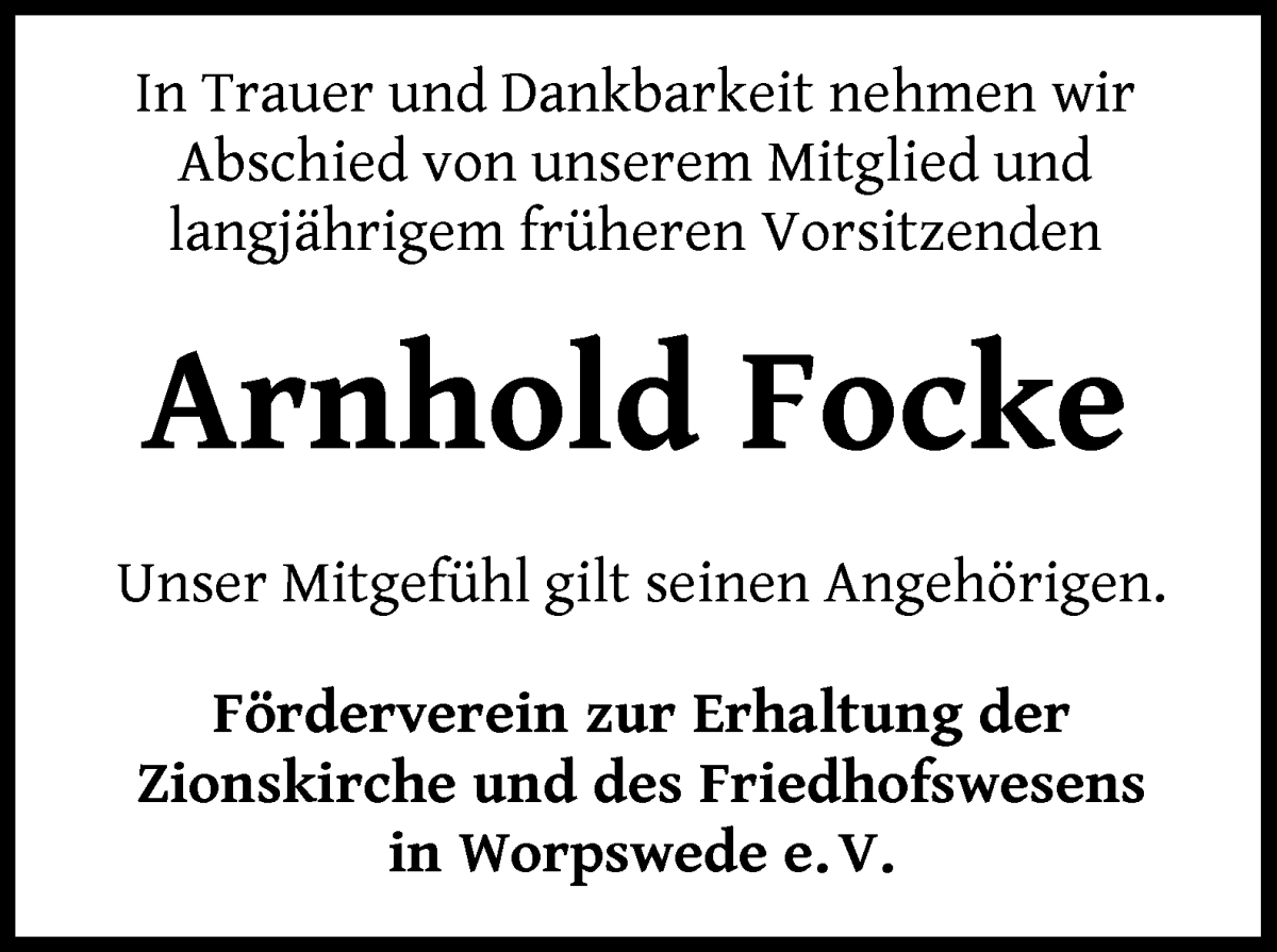 Traueranzeige von Arnhold Focke von Wuemme Zeitung