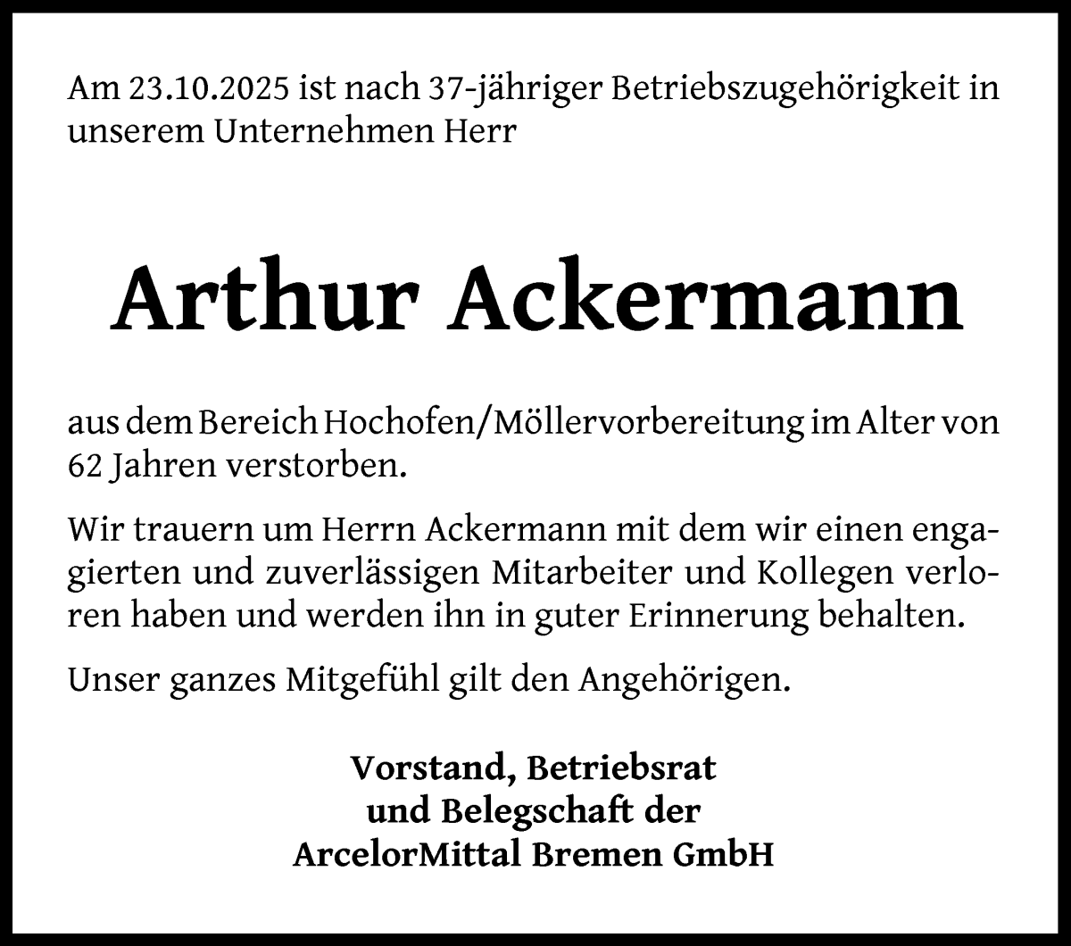 Traueranzeige von Arthur Ackermann von WESER-KURIER