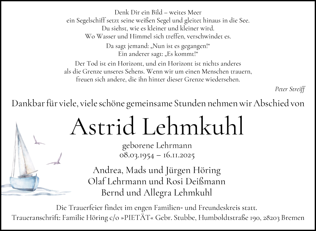  Traueranzeige für Astrid Lehmkuhl vom 29.11.2025 aus WESER-KURIER