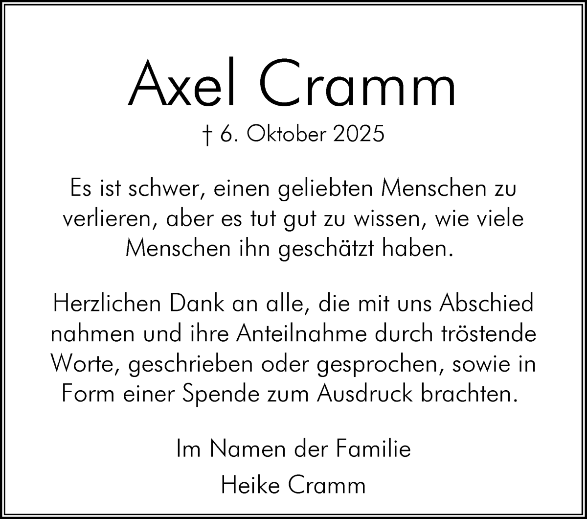 Traueranzeige von Axel Cramm von WESER-KURIER