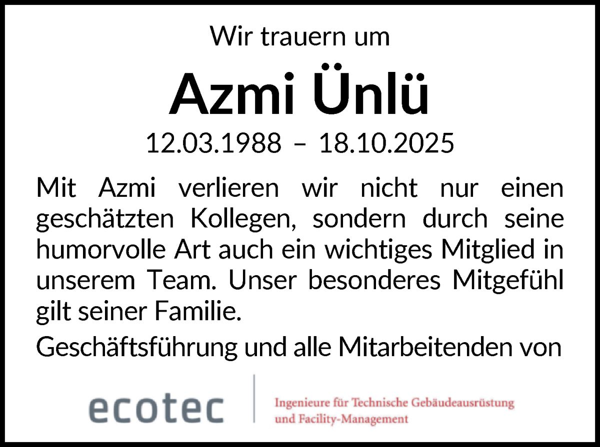 Traueranzeige von Azmi Ünlü von Achimer Kurier/Verdener Nachrichten