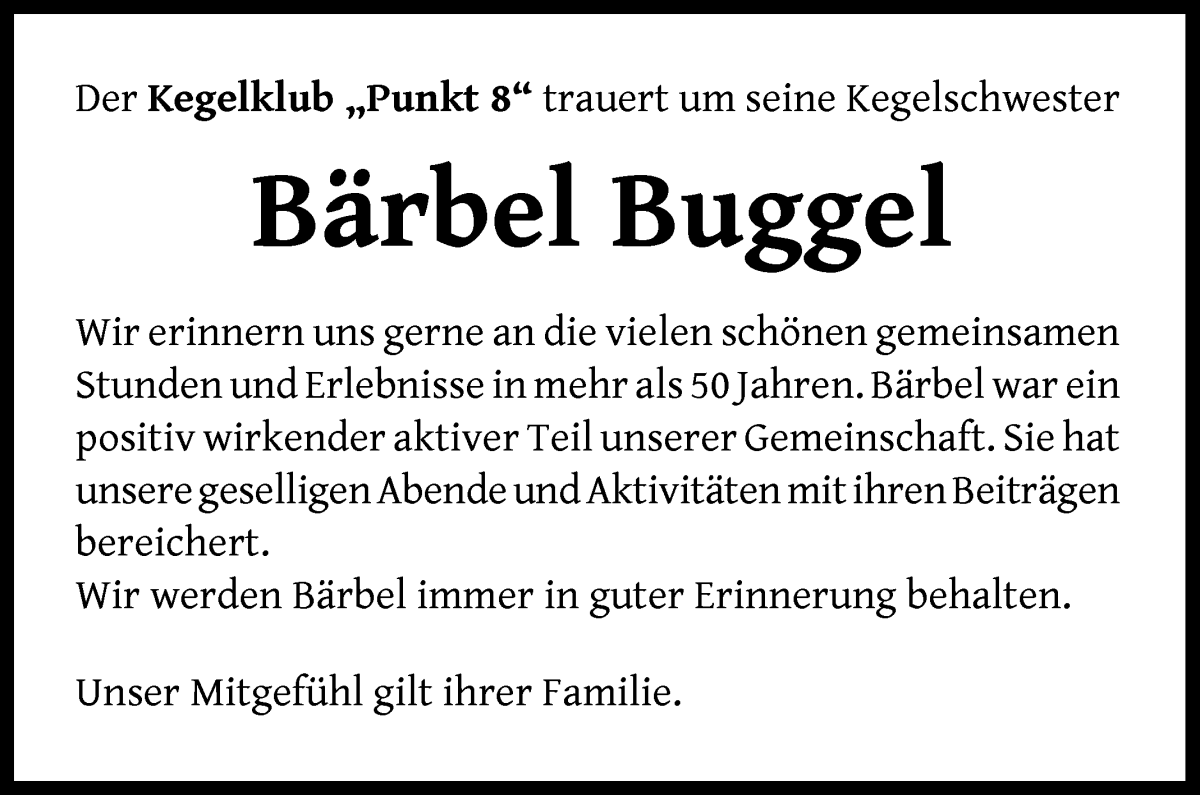 Traueranzeige von Bärbel Buggel von Die Norddeutsche