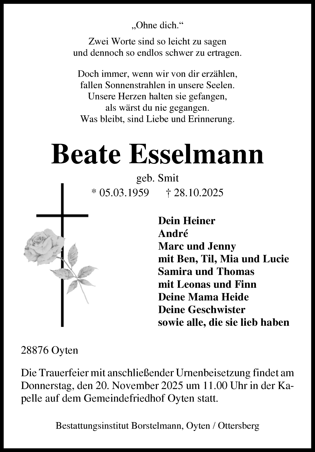 Traueranzeige von Beate Esselmann von Achimer Kurier/Verdener Nachrichten