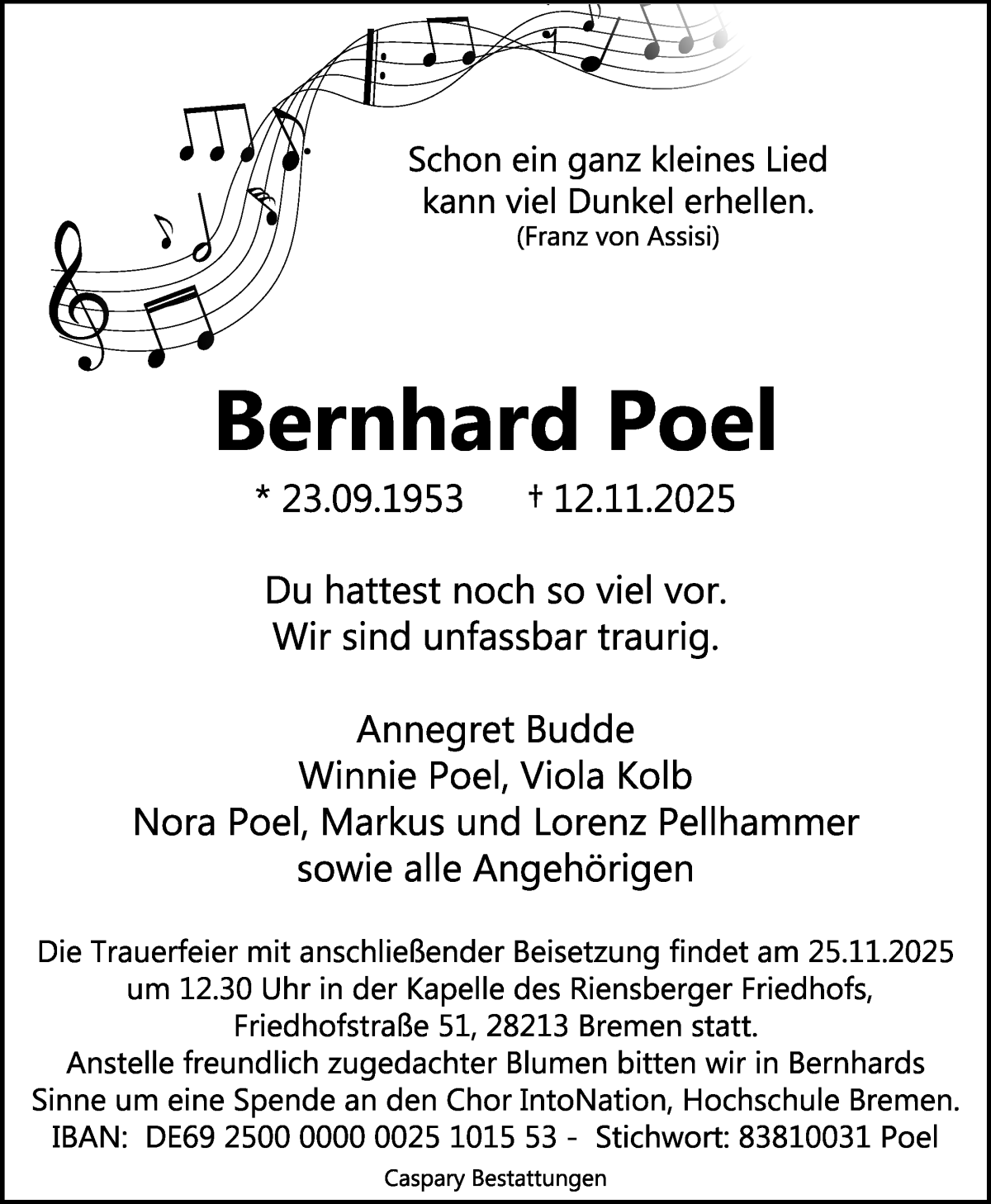 Traueranzeige von Bernhard Poel von WESER-KURIER