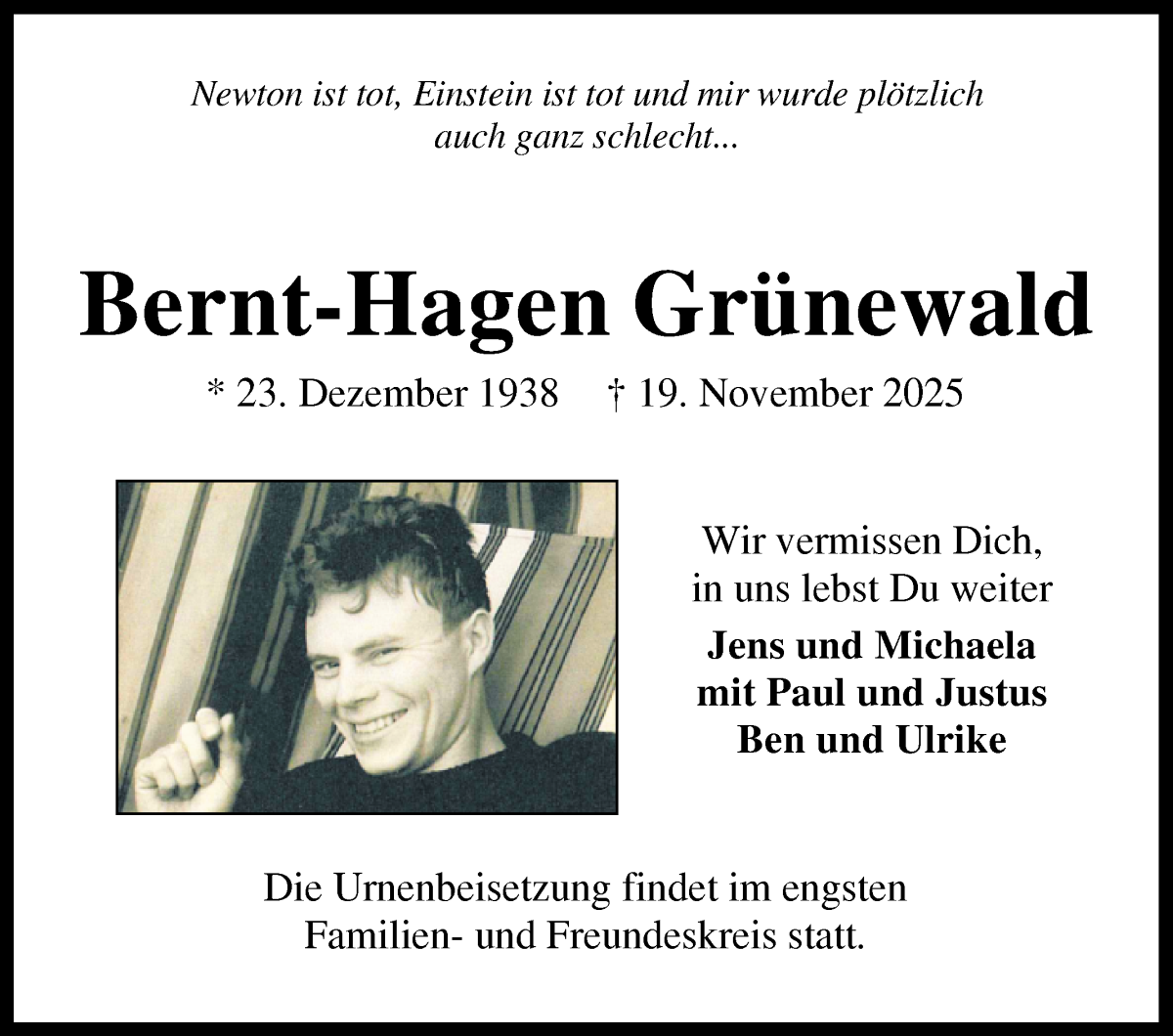 Traueranzeige von Bernt-Hagen Grünewald von WESER-KURIER