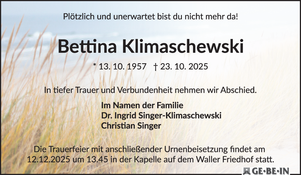 Traueranzeige von Bettina Klimaschewski von WESER-KURIER