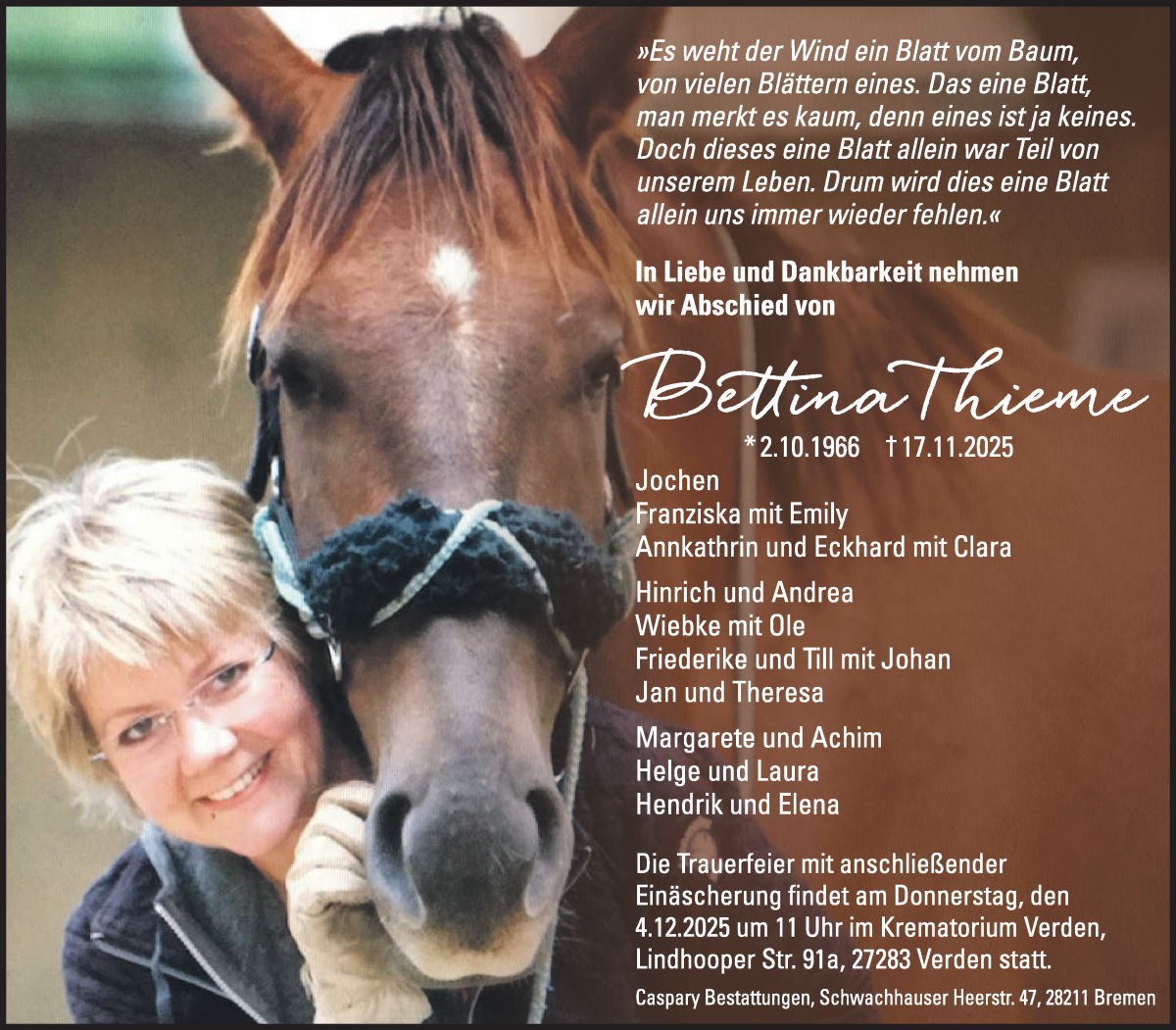 Traueranzeige von Bettina Thieme von WESER-KURIER