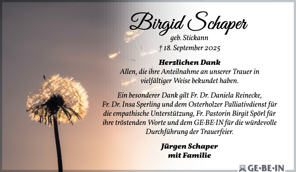 Traueranzeige von Birgid Schaper von Osterholzer Kreisblatt