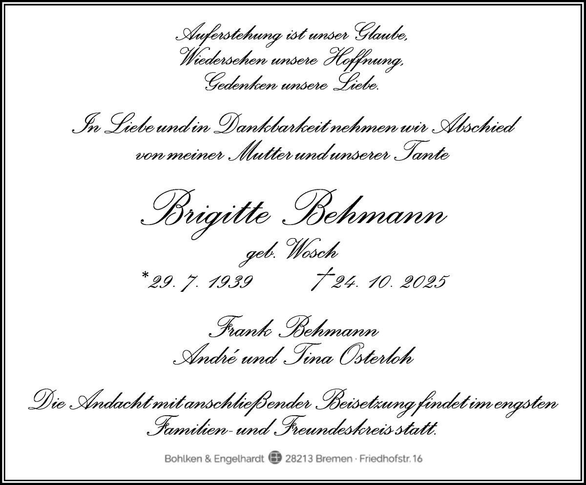 Traueranzeige von Brigitte Behmann von WESER-KURIER