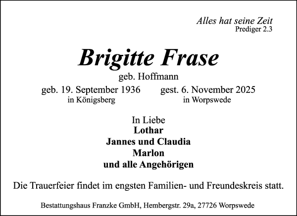Traueranzeige von Brigitte Frase von Wuemme Zeitung