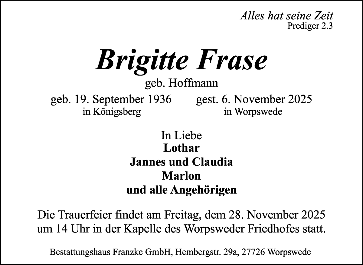 Traueranzeige von Brigitte Frase von Wuemme Zeitung